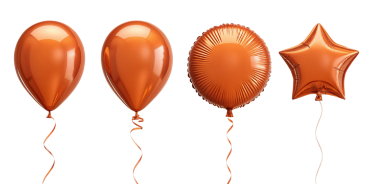 Orange and metallic copper balloons with shiny star shape – helium inflated party set for celebration themes on clean transparent background