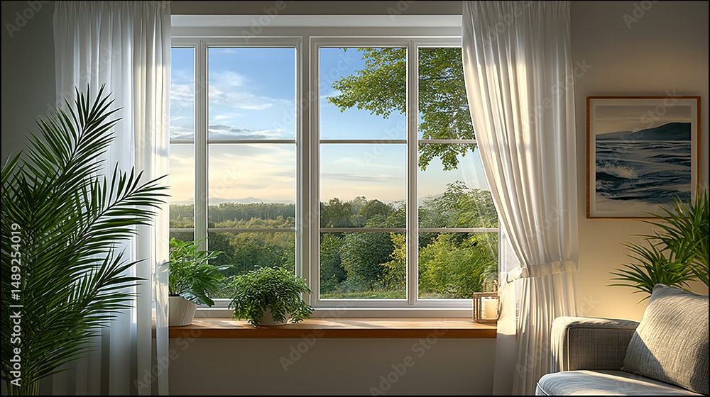 Poster window to serenity: sunlight streams through a clean window, illuminating a vibrant indoor space ado
