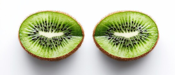Fototapeta premium Halved kiwi fruits with green flesh and small black seeds