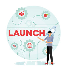 New Business Start up Concept. Product Launch with Gears and Rocket.