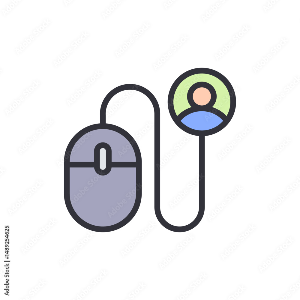 Poster computer mouse connected with user profile icon flat design style
