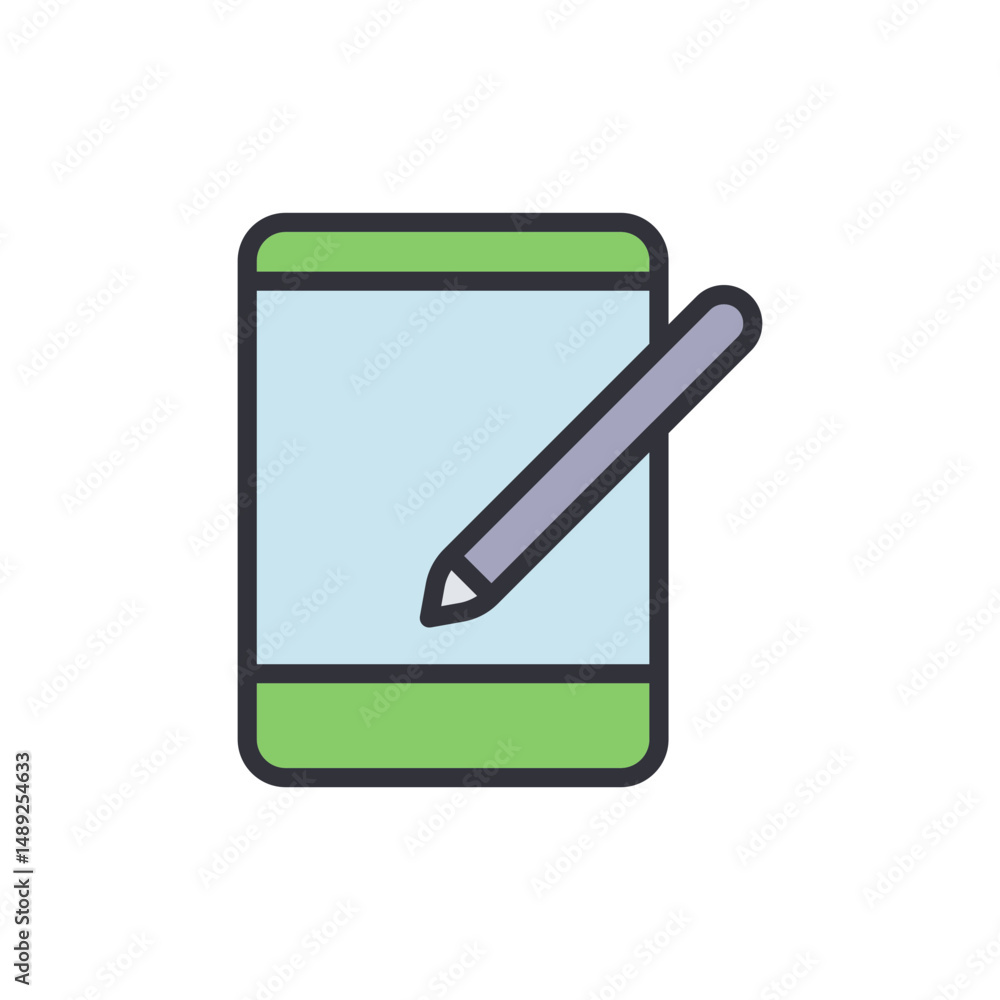 Poster stylized tablet with stylus floating on a transparent canvas ready for use