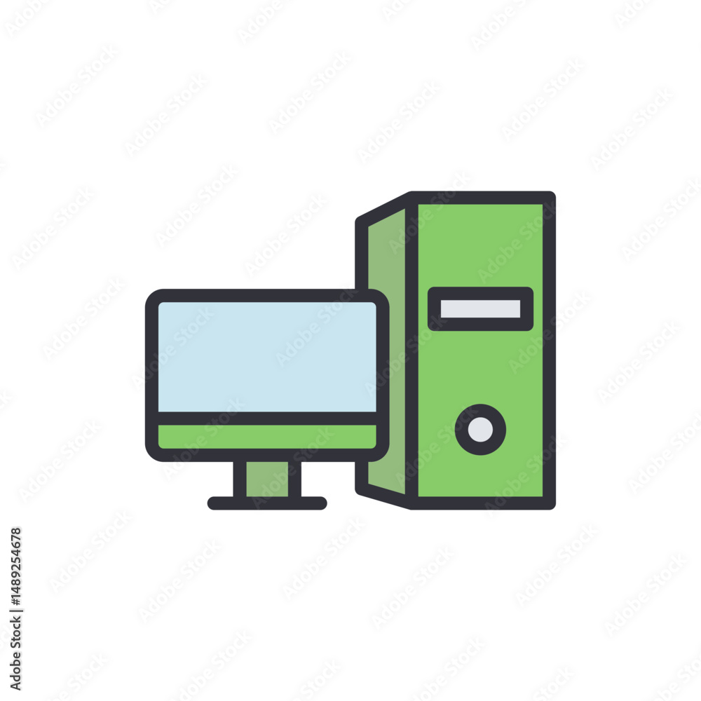 Poster illustration of modern computer system with monitor and tower unit