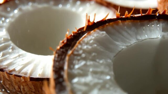 Refreshing Coconut: The inner layers of a freshly halved coconut, revealing the refreshing water and fleshy pulp, a close-up macro photograph that will whet your appetite.