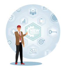 New Product Augmented Reality Business Development. Man offers new product gear on virtual screen.