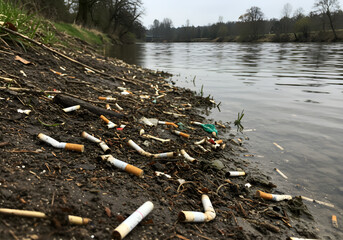 Riverbank litter cigarette butts
