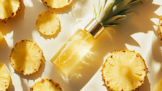 A bottle of liquid is on top of a pile of pineapple slices. The bottle is yellow and the pineapple slices are also yellow. The image has a bright and cheerful mood