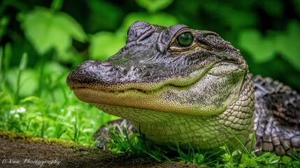 Fototapeta premium Alligator Portrait Wild Reptile in Wetland Grass