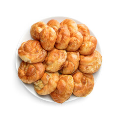 Fresh loaf of breads or buns with cottage cheese on plate isolated on white background. Pastries and bread, top view, close up