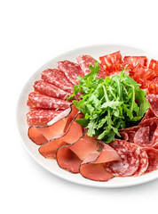 Antipasto platter cold meat, prosciutto, slices ham, beef jerky, salami and sauce isolated on white background. Meat appetizer. Top view, close up
