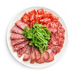 Antipasto platter cold meat, prosciutto, slices ham, beef jerky, salami and sauce isolated on white background. Meat appetizer. Top view, close up