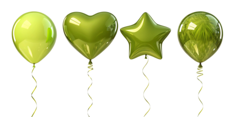 Lime green and metallic star-shaped balloons – glossy helium party set with playful heart shapes and shiny texture for joyful decor
