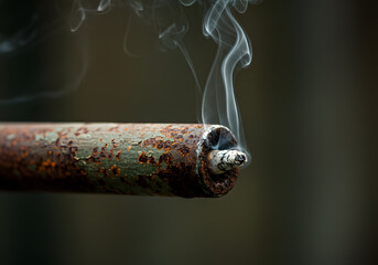 Rusty metal pipe with smoke