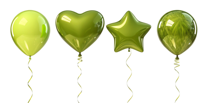 Lime green and metallic star-shaped balloons – glossy helium party set with playful heart shapes and shiny texture for joyful decor