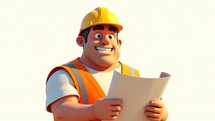 Happy construction worker reviewing blueprints