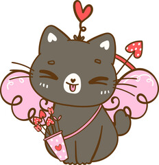 Cute Cupid Valentine Black Cat cheeky Kawaii Cartoon Doodle