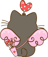 Cute Cupid Valentine Black Cat back Kawaii Cartoon Doodle