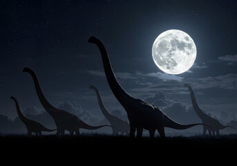 Silhouette dinosaurs night moon
