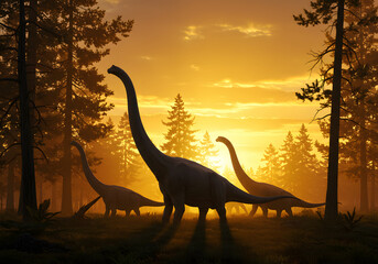 Silhouette dinosaurs forest sunset