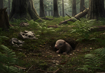 Small mammal emerging from burrow in forest