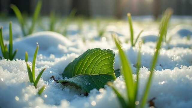 Macro time-lapse shot of shiny particles of melting snow and open green grass and leaf. Change of season from winter to spring in the forest.