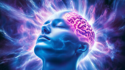 Futuristic glowing brain in meditative state