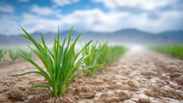 Emerging Green Sprouts: A captivating shot of nascent green sprouts emerging from the earth, with a blurred background of rolling hills and a cloudy sky.