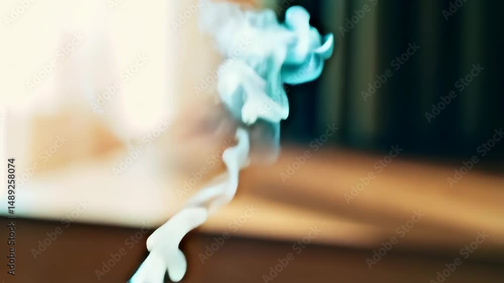 Poster ethereal wisps of blue smoke dancing against a blurred amber background, creating an abstract and ca