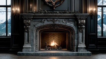 Fototapeta premium Luxurious Chalet Fireplace Winter Mountain View Cozy Interior