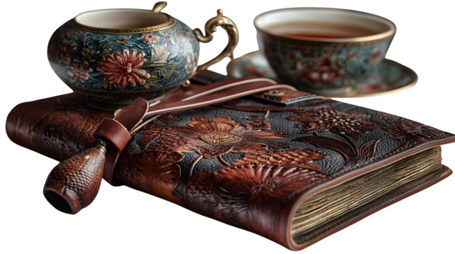 A vintage leather-bound journal with embossed floral patterns, evoking classic writing traditions, placed on white --ar 16:9 --v 7.0 --s 750
