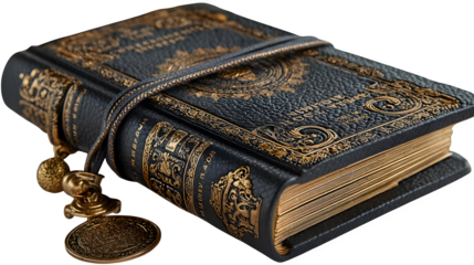 A vintage leather-bound journal with gold-foil details, evoking classic writing traditions, placed on white --ar 16:9 --v 7.0 --s 750