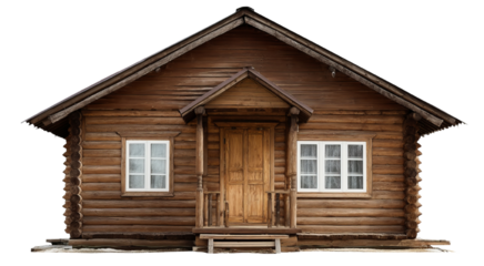 Authentic Wooden Log Cabin House Exterior View isolated on transparent background