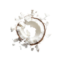 Exploding Coconut Ring Fresh Tropical Fruit, White Coconut Pieces Isolated on Black Background