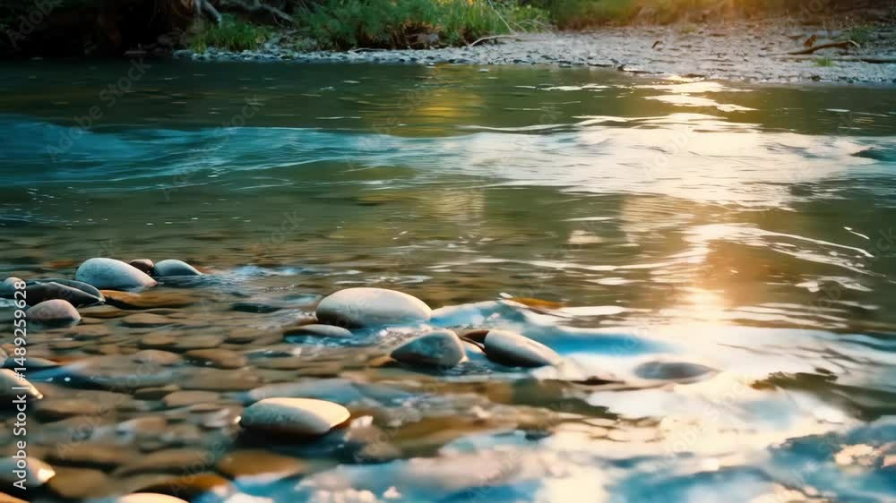 Poster peaceful scene of a shallow river with clear water flowing over smooth stones and rocks in warm sunl