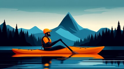 Kayaker paddles on serene water with mountain backdrop and dense trees
