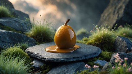 Glazed fruit resting on a stone slab amidst grassy landscape