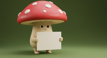 Fototapeta premium Friendly mushroom character holding blank sign