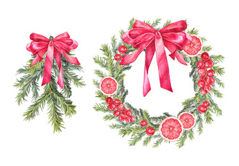 Watercolor set with green christmas tree fir wreath and red bow and berry grapefruit isolated on white background. Circle frame border template. Hand-drawn clipart with copy space for new year card