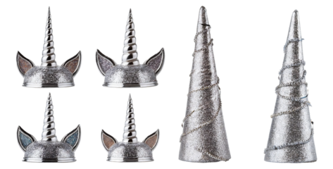 Decorative Unicorn Party Accessories in Shiny Silver Colors, Isolated on Transparent, white background