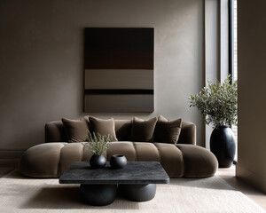 Modern minimalist interior with a plush brown sectional sofa, black stone coffee table, and soft abstract art, accented by natural light and an olive tree in a ceramic pot.