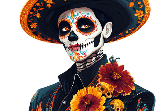 Colorful skeleton figure in traditional attire adorned with flowers, celebrating cultural heritage