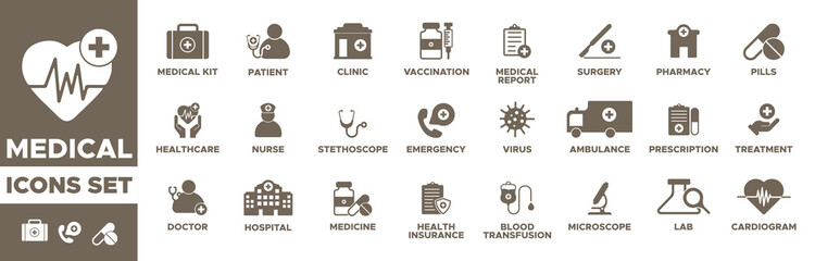 MEDICAL icon set.medical, icons, healthcare, clinic, doctor, hospital, ambulance, prescription, treatment, pills, surgery, stethoscope, emergency, nurse, pharmacy, health, medicine, first aid.