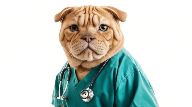 The Canine Caregiver: A Shar Pei mix dog, embodies professionalism, dressed as a healthcare professional and ready to provide care for animals. and the image is a funny scene.