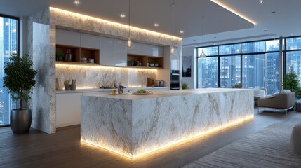 Modern Luxury Kitchen Island  Marble Countertop  City View