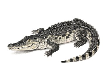Naklejka premium Crocodile drawing in black and white with detailed texture, suitable for vintage designs, tattoo ideas, or educational illustrations. Ideal for wildlife-themed creative or retro-style projects.