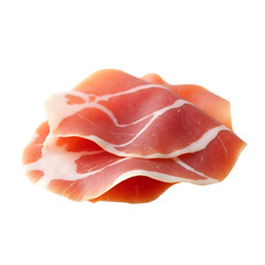 Exquisite close-up of thinly sliced raw pancetta displaying its delicate marbling and glistening surface on a plain backdrop