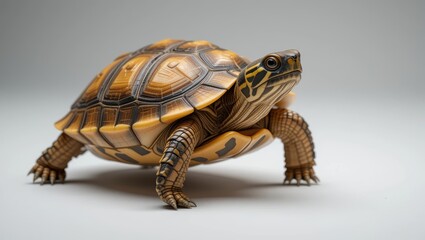 Obraz premium Close-Up Portrait of a Striking Tortoise Crawling on a Neutral Background