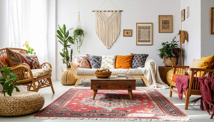 Modern  living room interior with large windows, soft natural light, neutral tones, stylish gray sofa, indoor plants, coffee table with books, elegant lighting and minimalist decor design.