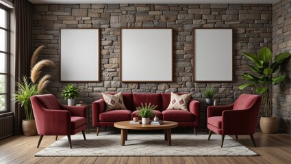 Cozy Living Room with Vintage Furniture and Decorative Plants against Stone Wall Background