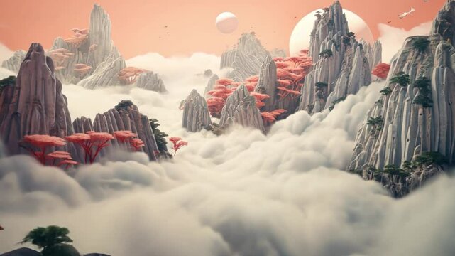 Skyward Serenity: An awe-inspiring landscape, majestic peaks pierce through a sea of clouds, where the sky blushes with a gentle, ethereal glow. Capture the ethereal ambiance.
